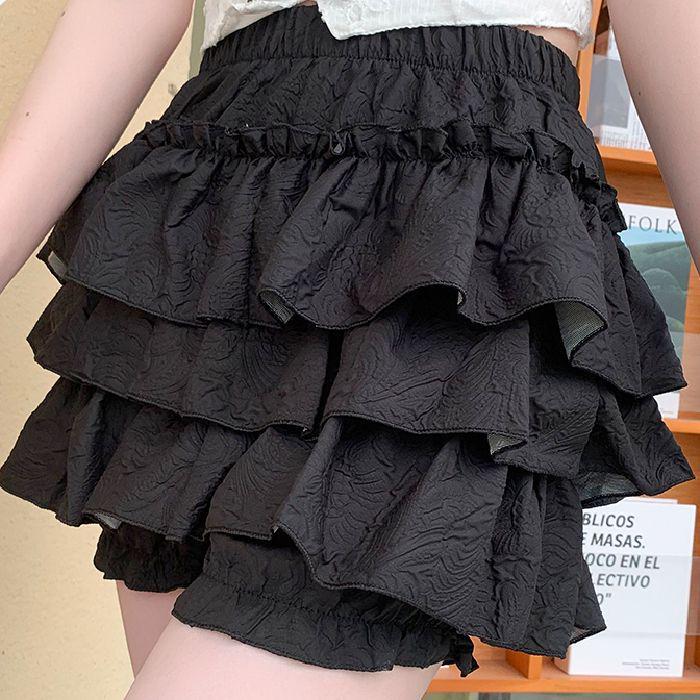 Solid Color Ruffled Anti-Exposure Fluffy Mini Skirt - Women's Summer Sweet & Spicy Style