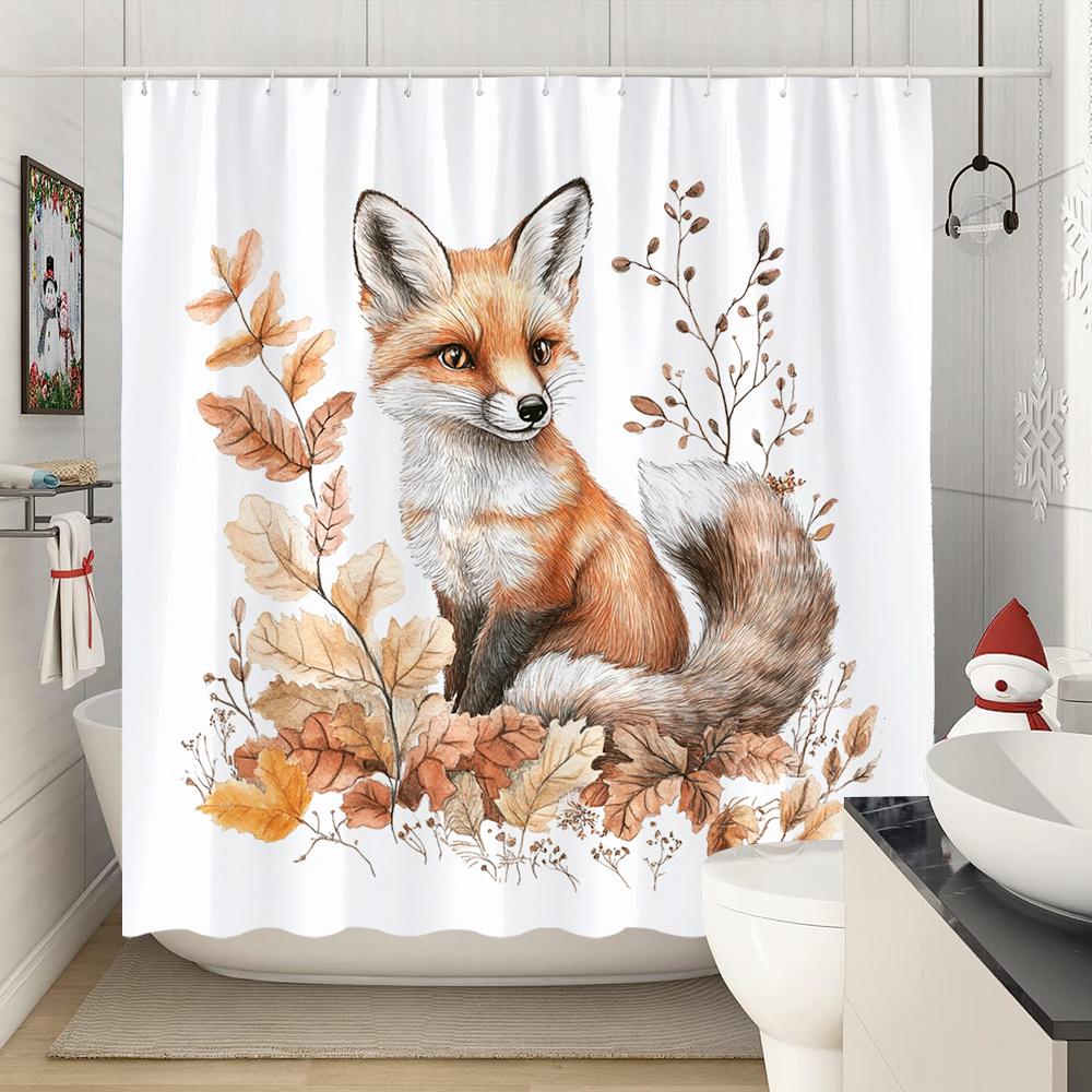 1Pc Autumn Fox Shower Curtain - Cute Fox In Fall Leaves Nature Theme, 70.8X70.8 Inch, Polyester, Machine Washable, With 12 Hooks