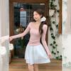 Pink lace U-neck bow long-sleeved t-shirt women's early autumn new inner bottoming shirt slim and thin knitted top