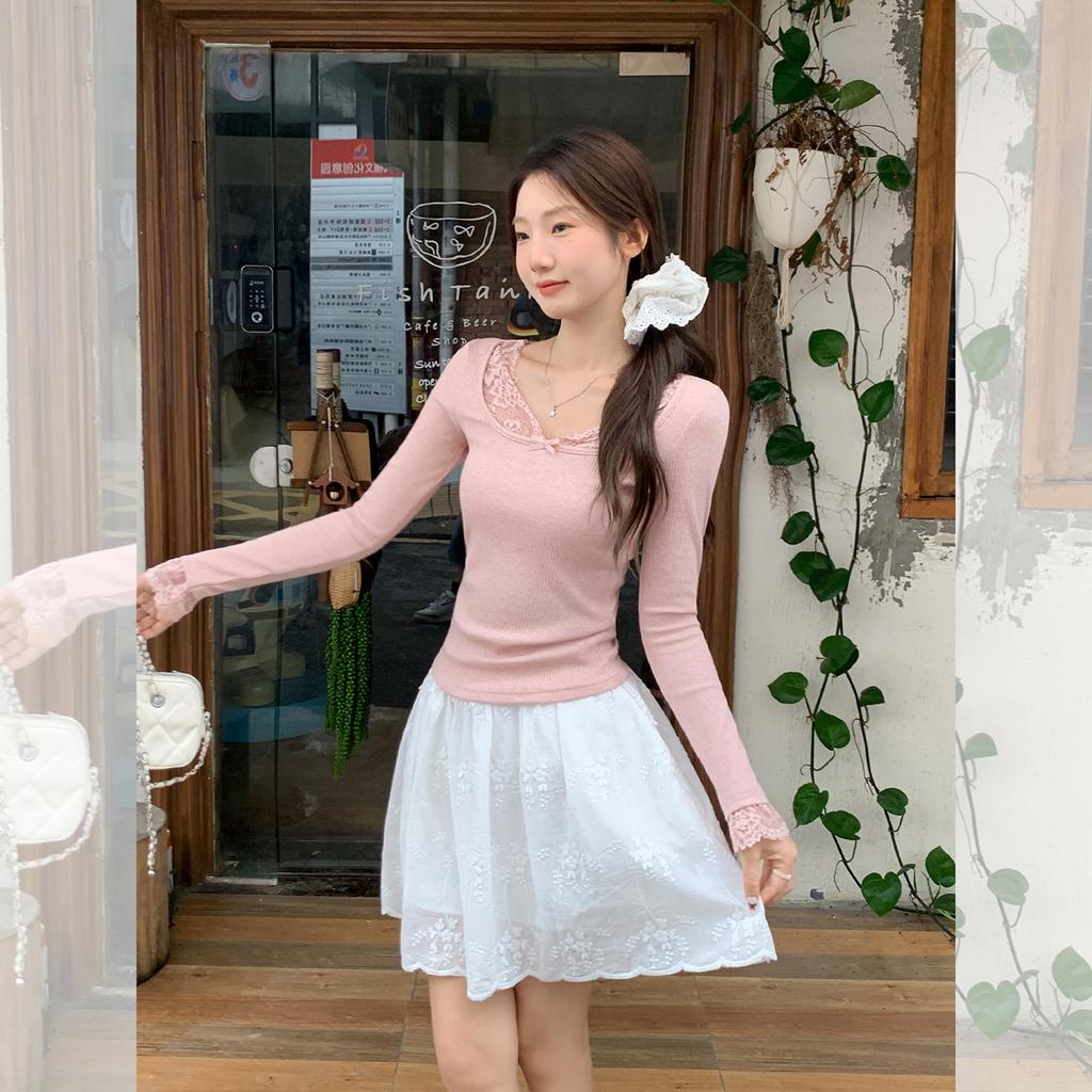 Pink lace U-neck bow long-sleeved t-shirt women's early autumn new inner bottoming shirt slim and thin knitted top