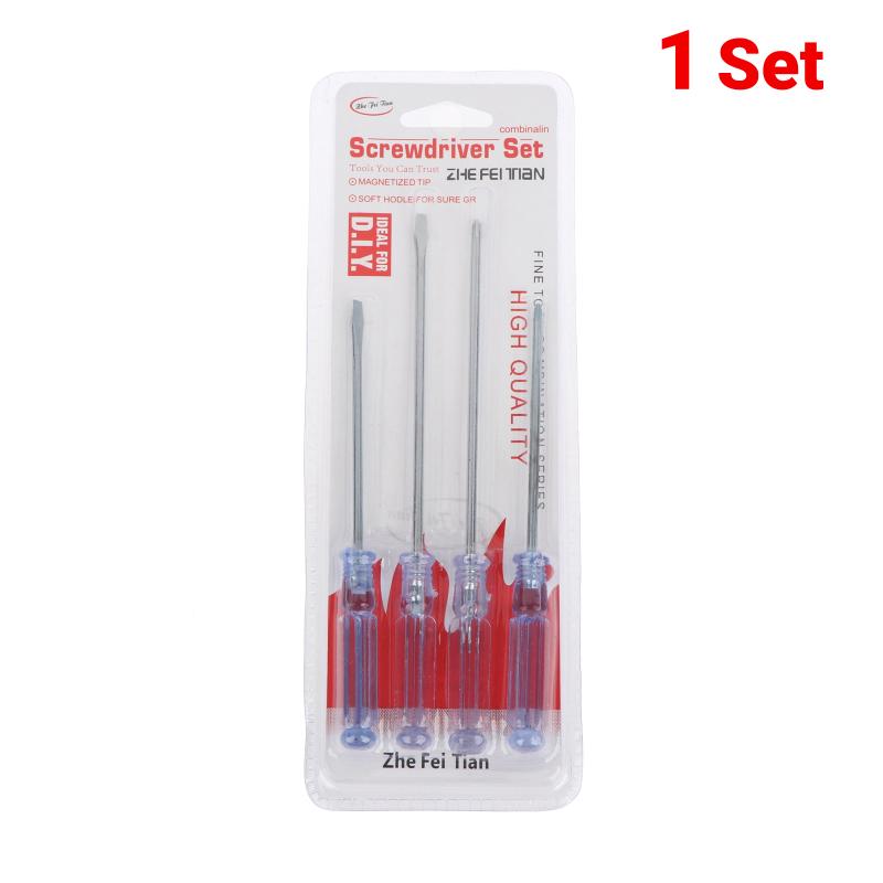 Slotted Cross Hand Screwdriver Set 4Pcs Transparent Blue Handle Manual Repair Tools for Home Garage Workshop