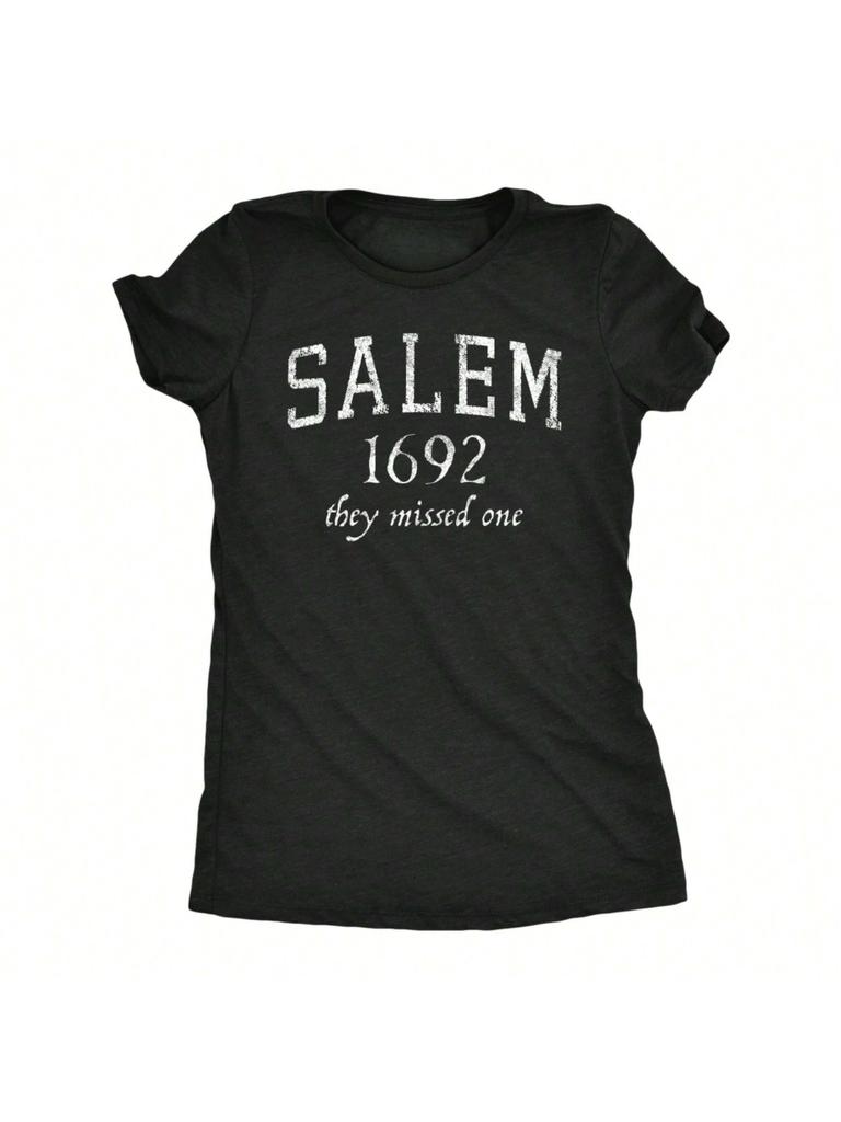 Black Short-Sleeved Plus-Size T-Shirt Featuring a Vintage Print That Reads 'SALEM 1692'. Made from Soft Fabric with a Ca