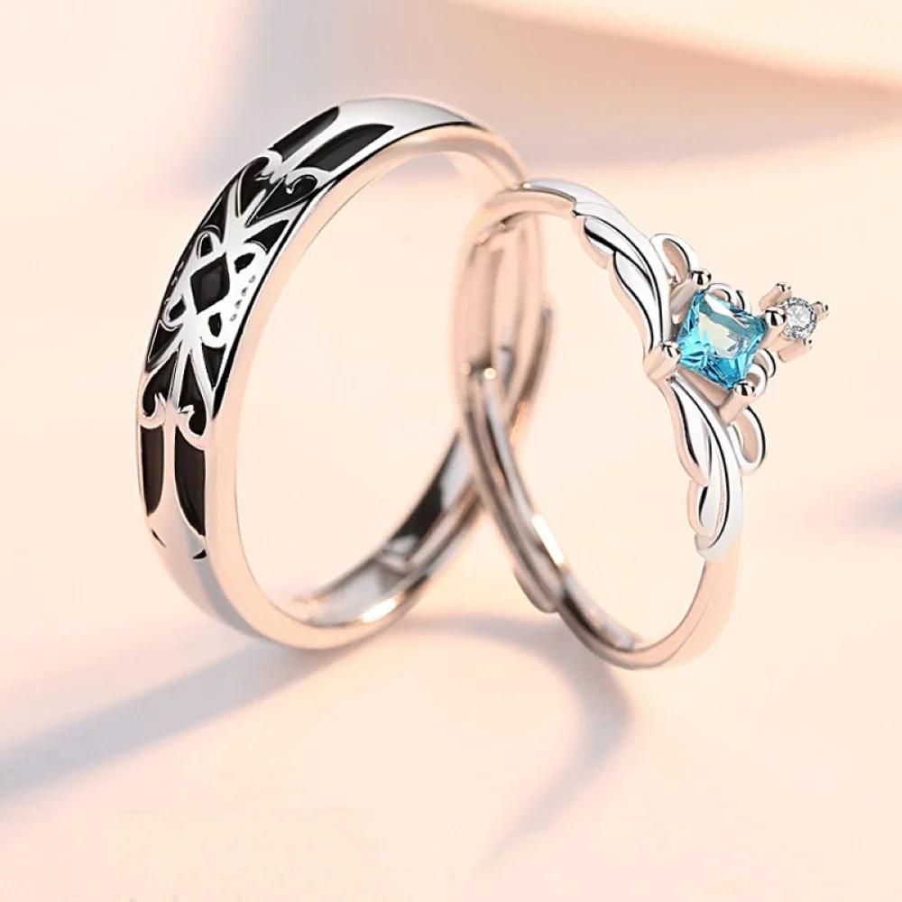 1 Pair Blue Zircon White Copper Plated Platinum Overlap Open Couple Ring Men Women Propose Gift Finger Jewelry Wholesale