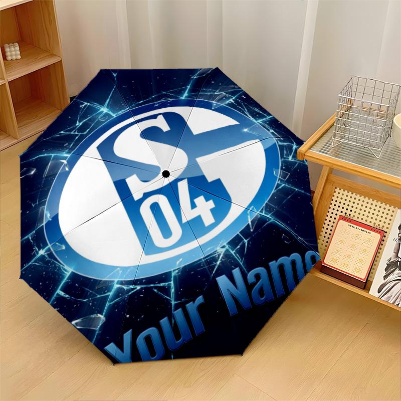 Schalke 04 FC Automatyczny 3-składany Parasol 8-żebrowy Wiatroodporny Składany Parasol Ochrona przed Słońcem i Deszczem na Podróże Zewnętrzne Codzienne Użytkowanie