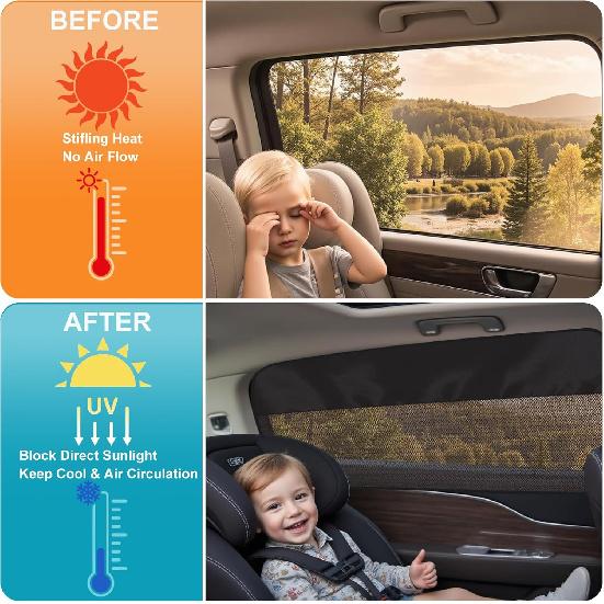 Rear Window Sun Shade, 2 PCS Magnetic Double Layer Car Side Window Sun Shades For Baby, Half Blackout & Half See-Through Back Window Covers For Sun &