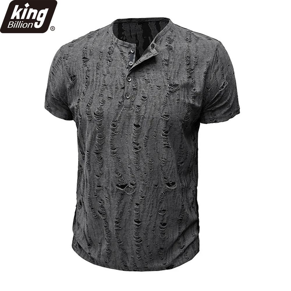 Men's Short-sleeved T-shirt Broken Holes Retro Men's Fashion Henley Shirt Men's Casual Fashion Tops Slim Fit