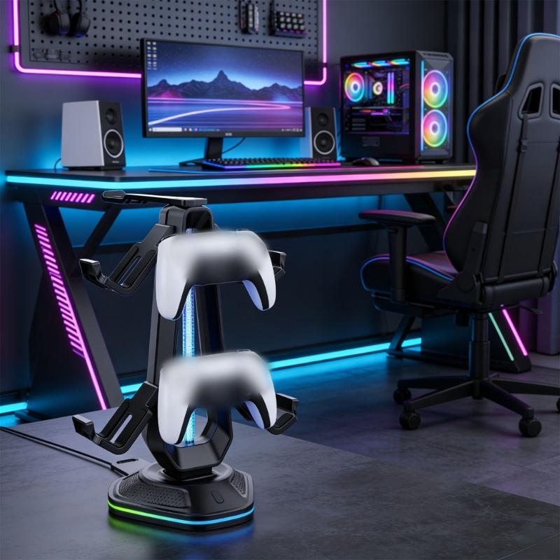 Multi Functional Gaming Organiser Rack with LED Effects Charging Dock and Secure Storage for Controllers and Headsets