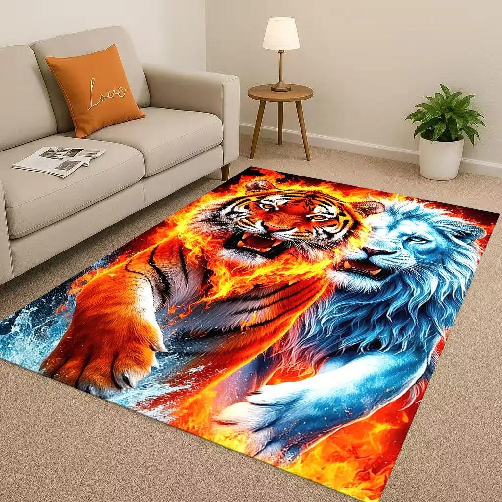 Classic Tiger Lion Beast Art Cartoon Living Room Non-Slip Area Rug Carpet For Bedroom Playroom Sofa,Home Decor Doormat Gift