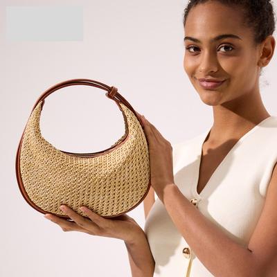 Straw Crescent Armpit Bag PU Splicing Single Shoulder Crossbody Bag Female Summer Beach Holiday Handbag