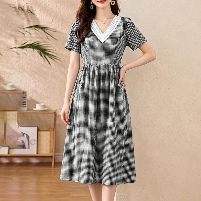 ZANZEA Women Casual V-Neck Plaid Print Loose Short Sleeve Dress M