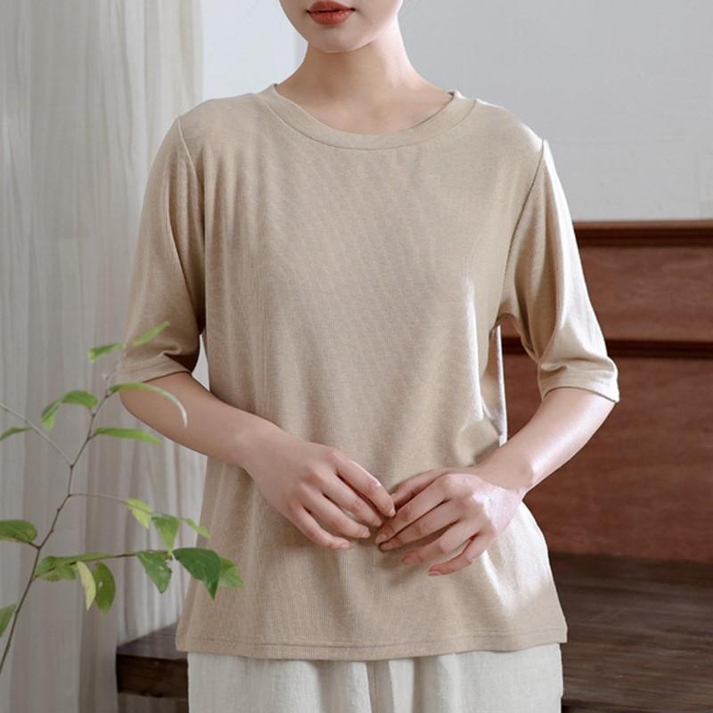 Johnature Women Knitted Spring T-Shirts O-Neck Half Solid Color Soft Female T-Shirts