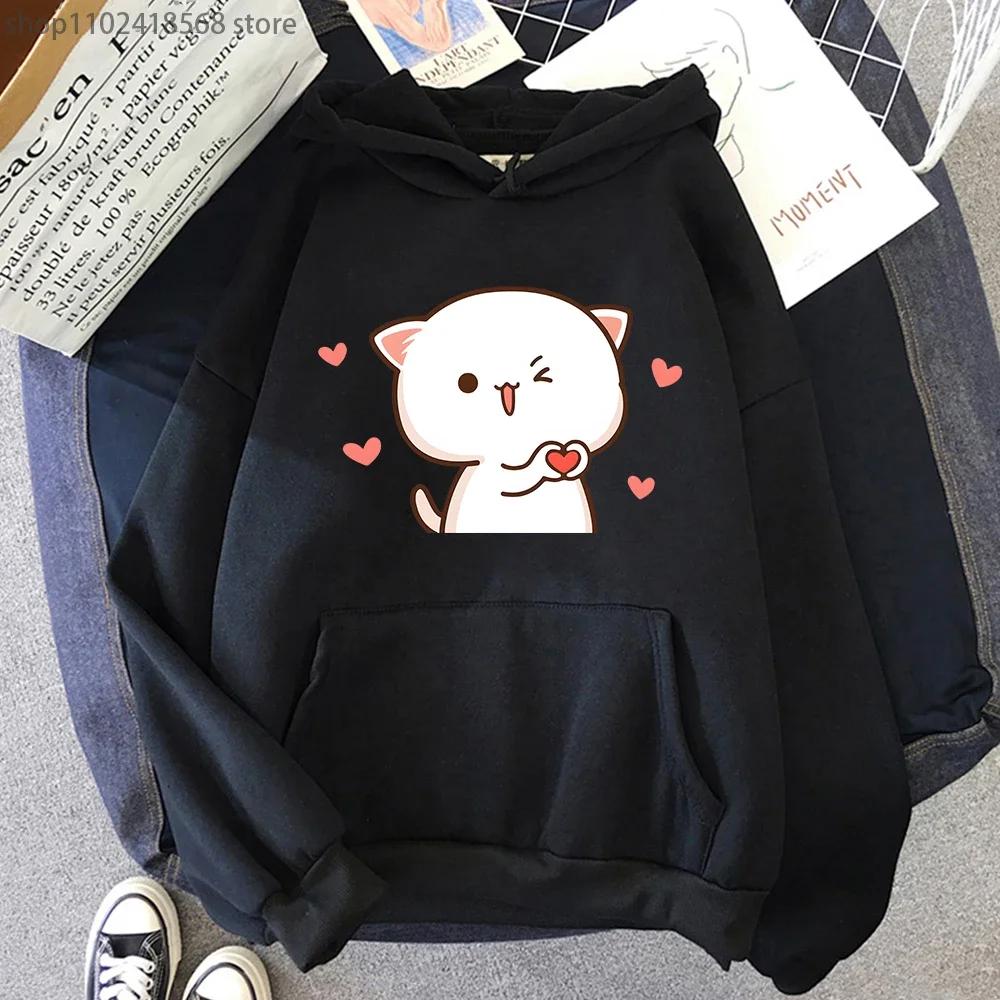 Women Hoodies Kawaii Peach Cat Cartoon Print Sweatshirt Mochi Heart Love Winter Cartoon Sudadera Clothing