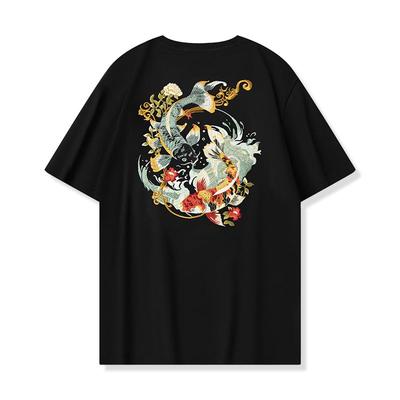 Embroidered Carp Short Black and Rockabilly Plus Sizes Classic Crew FUN501 Men's Japanese-style T-Shirt, Sleeve, Cotton, White, Style, Colorful,