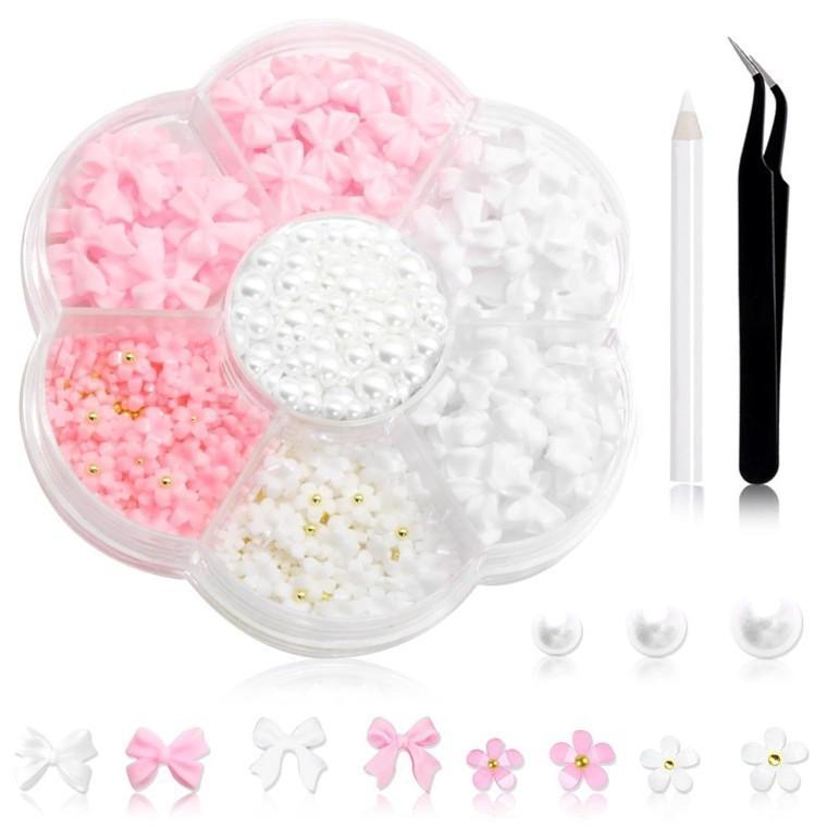Pearl & Flower Nail Art Kit: 7-Grid Five-Petal Flowers & Mixed Sizes for DIY