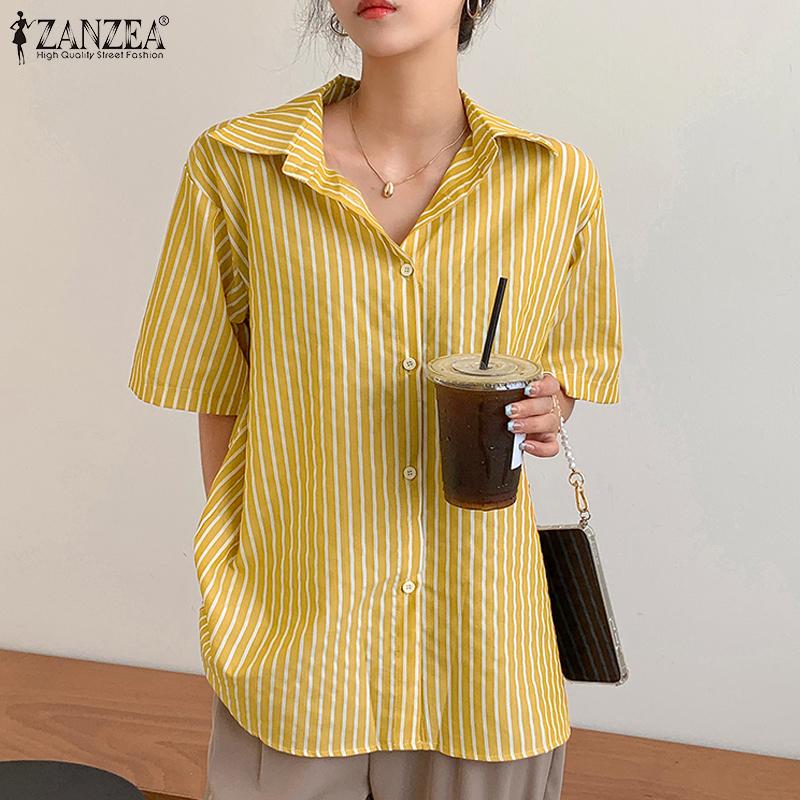 

ZANZEA Женщины Лето Повседневный Лацкан Воротник Короткий Рукав Полоса Блузка Рубашки
