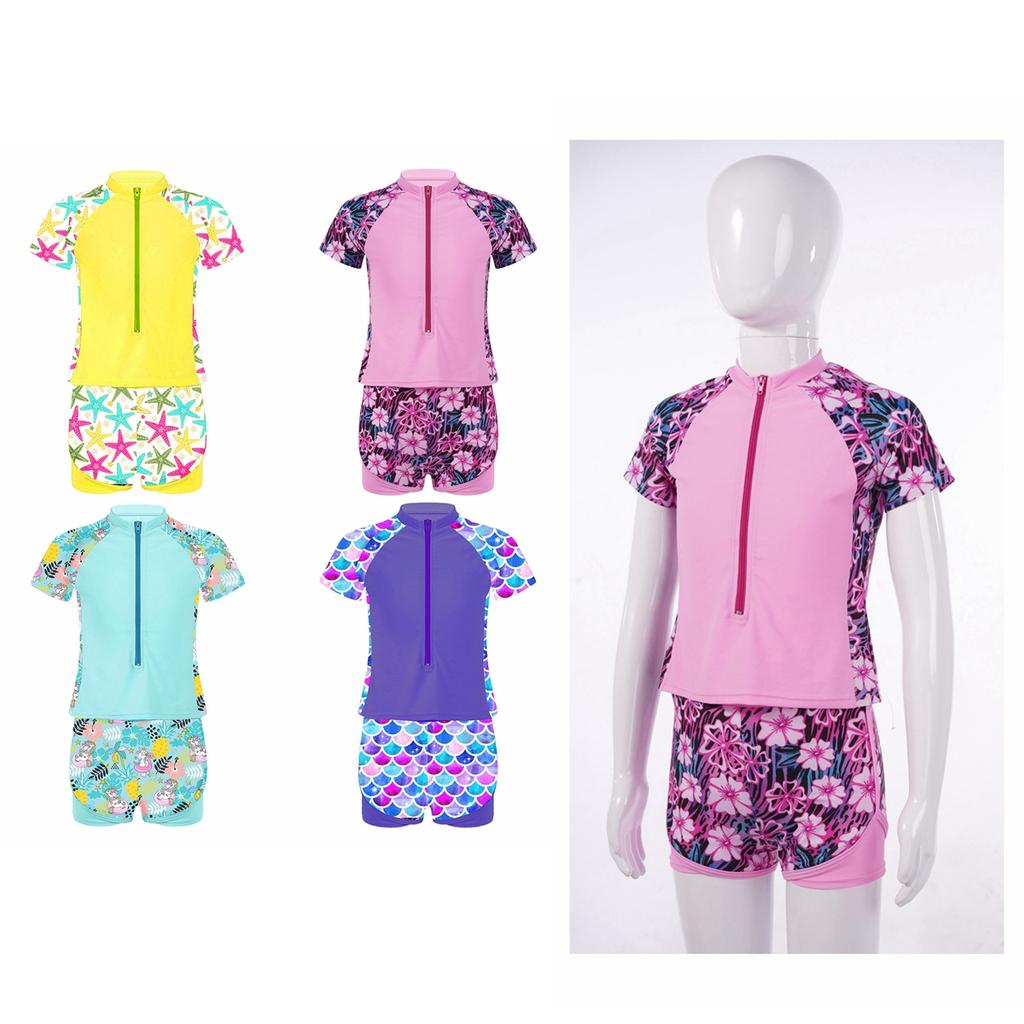 Stand Collar Short Sleeves Front Zipper Closure Print Tops Elastic Waistband Shorts Cartoon Floral Print Swimwear for Girls