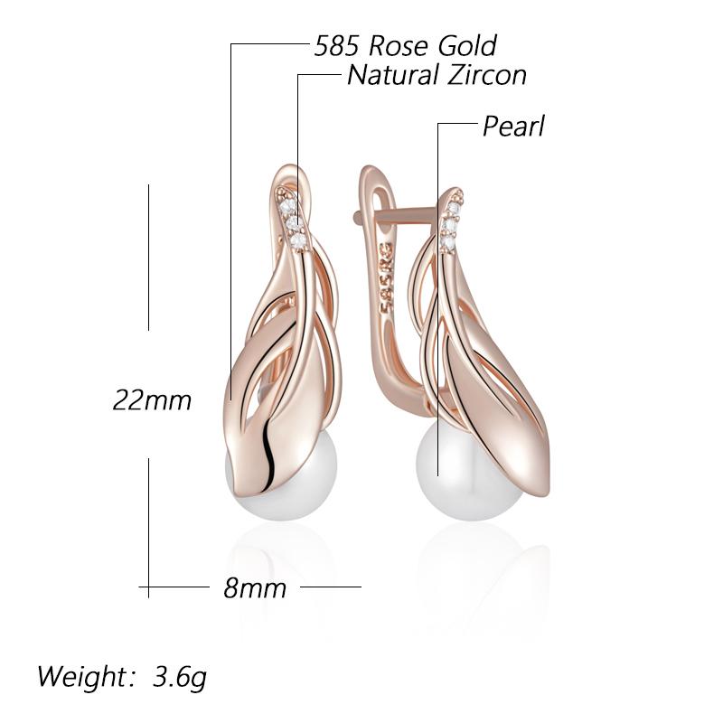 Modische Perlen-Blatt-Hängeohrringe für Damen Roségoldfarben mit Naturzirkonia-Accessoires Ethnische Hochzeit Echtschmuck