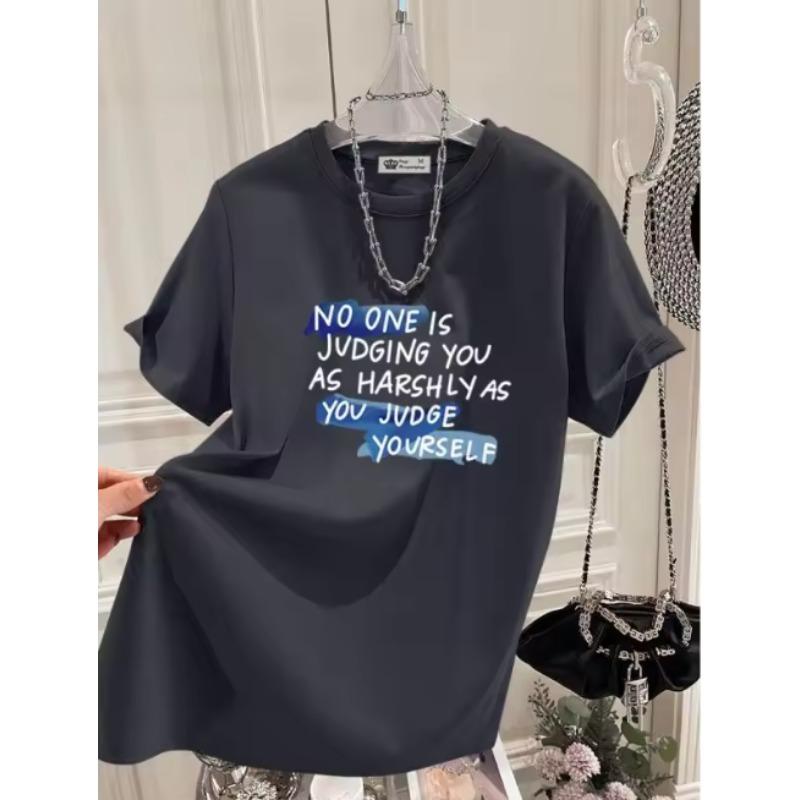 

Womens Clothing Chic HandPainted Letter Print Tshirt Summer Casual Loose Pure Cotton Short Sleeve Top Tee Allmatch Pullovers 4XL