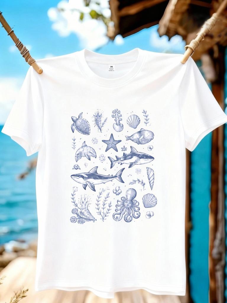 Jydx1118sea Fish Printing Plus Size Unisexs Round Neck Tshirt Summer Casual Street Fashion Unisexs Joker Short Sleeve Tshirt