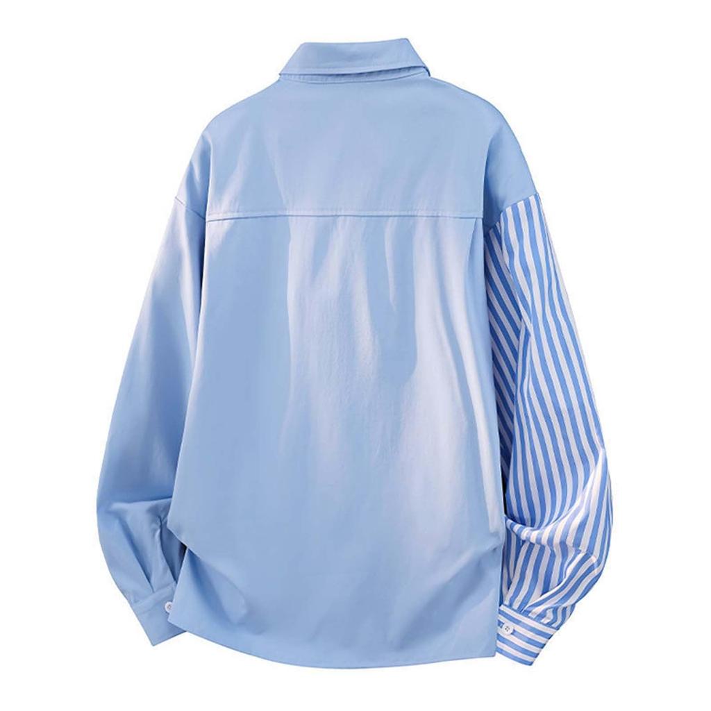 Men's Plus Size Loose Fit Striped Patchwork Asymmetric Casual Shirt for Spring and Fall