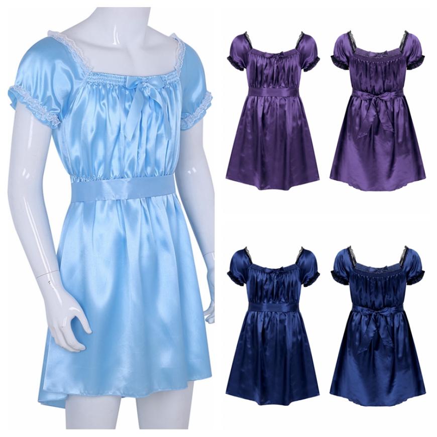 

Мужское платье с коротким рукавом с квадратным вырезом блестящее мягкое атласное платье с высоким низким дизайном кроссдресс с нижним бельем с поясом