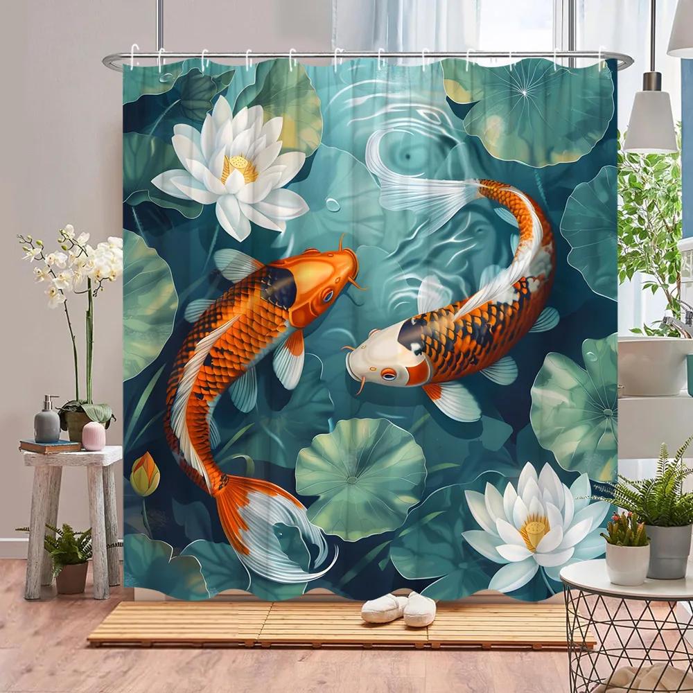 Koi Shower Curtain Asian Landscape Cherry Blossom Plant Pond Lotus Leaf Ink Painting Art Polyester Fabric Bathroom Decor Curtain