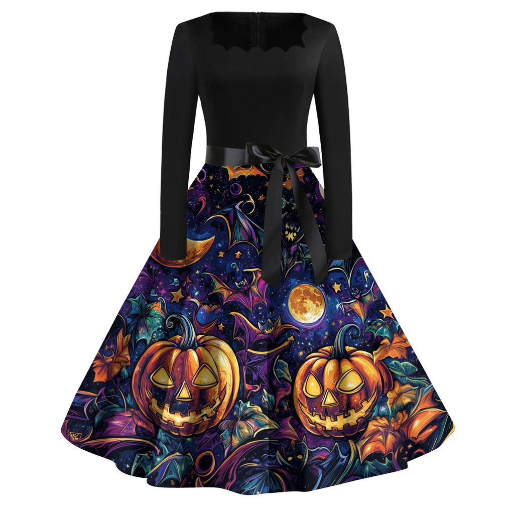 Robe décontractée vintage pour femme avec imprimé Halloween, col carré, manches longues, ceinture à la taille, style rétro, jupe évasée
