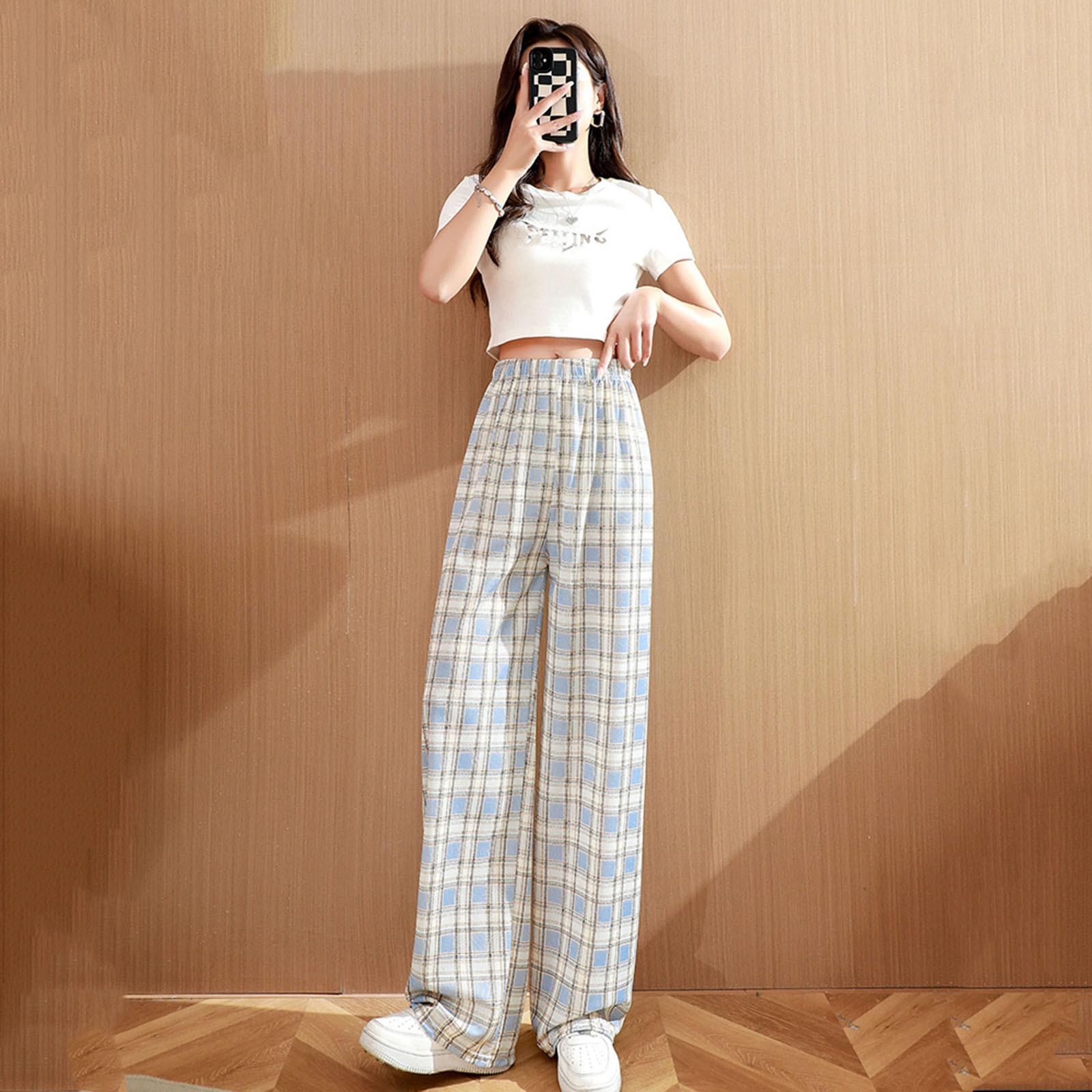 

Женские повседневные брюки, удобные брюки с принтом, брюки с высокой талией, клетчатые эластичные широкие свободные женские повседневные клетчатые брюки one size синий