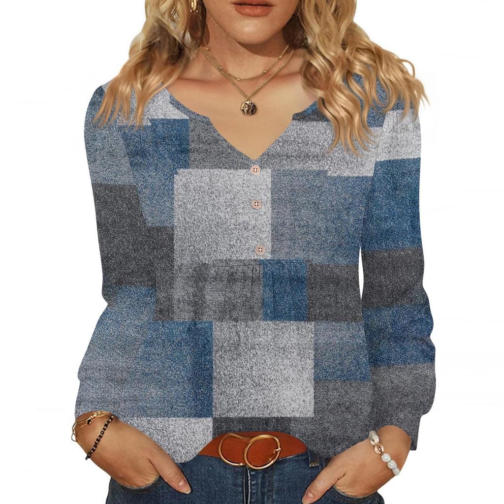 Women's Fashionable Casual V-neck Blouse Button Long-sleeved Pullover T-shirt Top