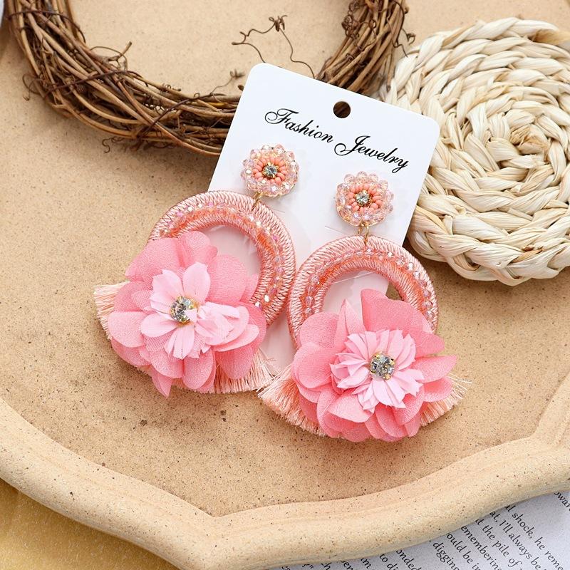 Vintage crystal flower big circle stud earrings long temperament personalized vacation earrings bohemian earrings women