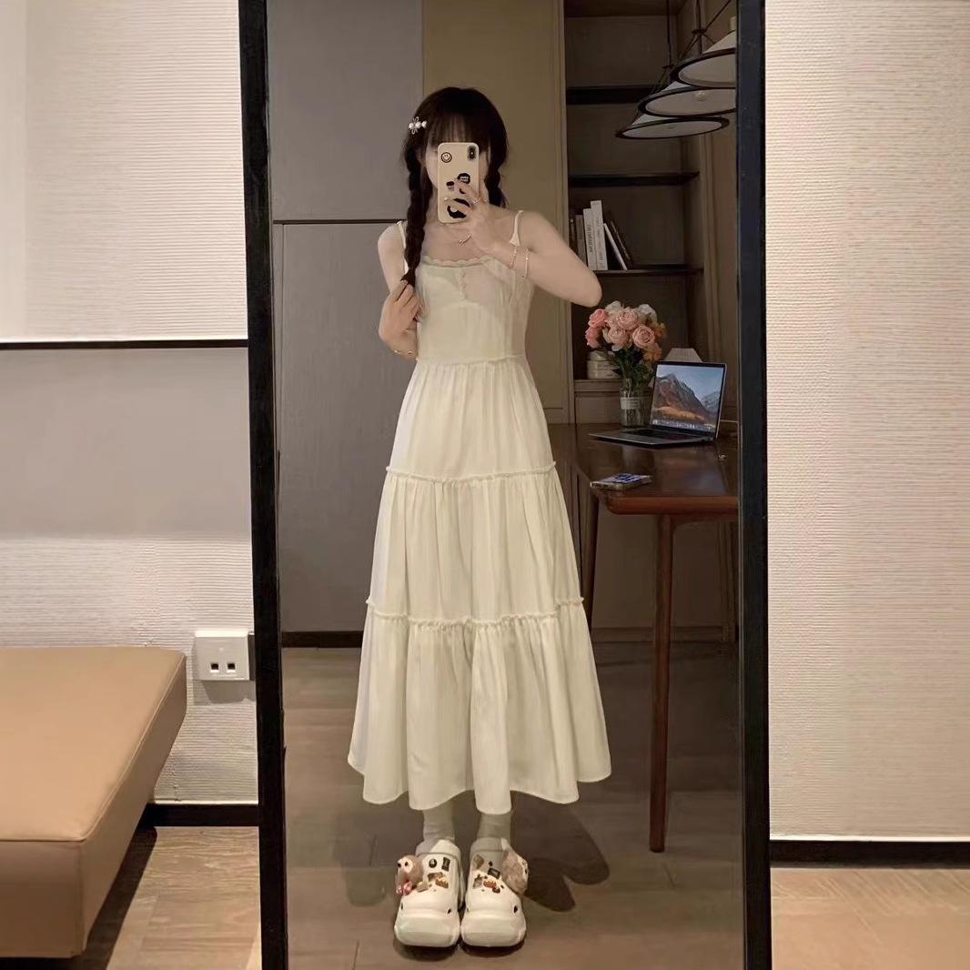 

2025 Summer Moonlight White Waist-Hugging Mid-Length Spaghetti Strap Dress Large абрикосовий