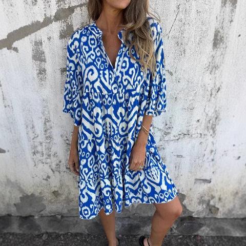 Women's Midi Dress V‑Neck 5/4 Sleeve Geometric Print Pleated Loose A‑Line Street Casual Dress