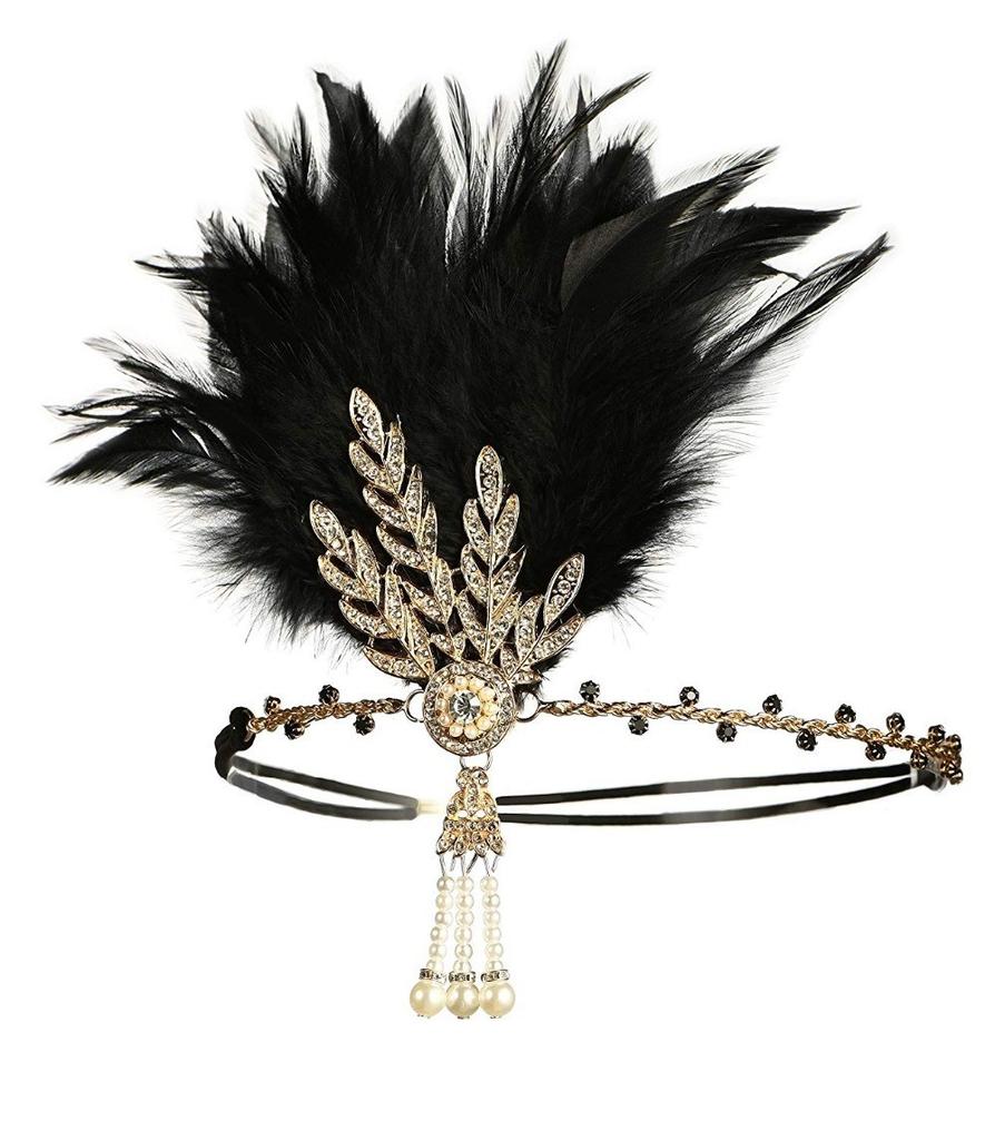 Women Vintage Feather Headband Black Rhinestone Beaded Sequin Hair Band Vintage Headpiece Flapper Feather Headdress