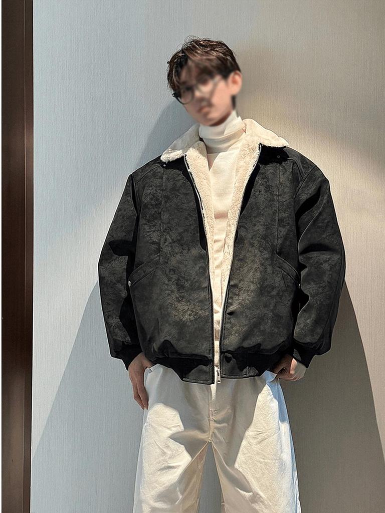 Men's American Style Tie-Dye Lamb Wool PU Leather Rivet Jacket