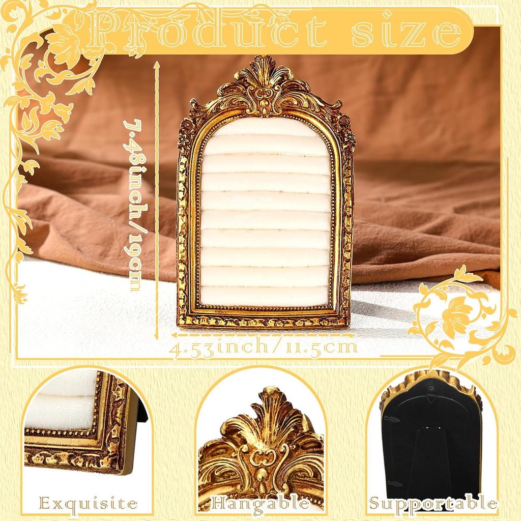 1PC Vintage Ring Holder Arched Gold Ring Wedding Display Suede Jewelry Box Holder Photo Frame Earrings Tray Anniversary Engagement Baroque Storage