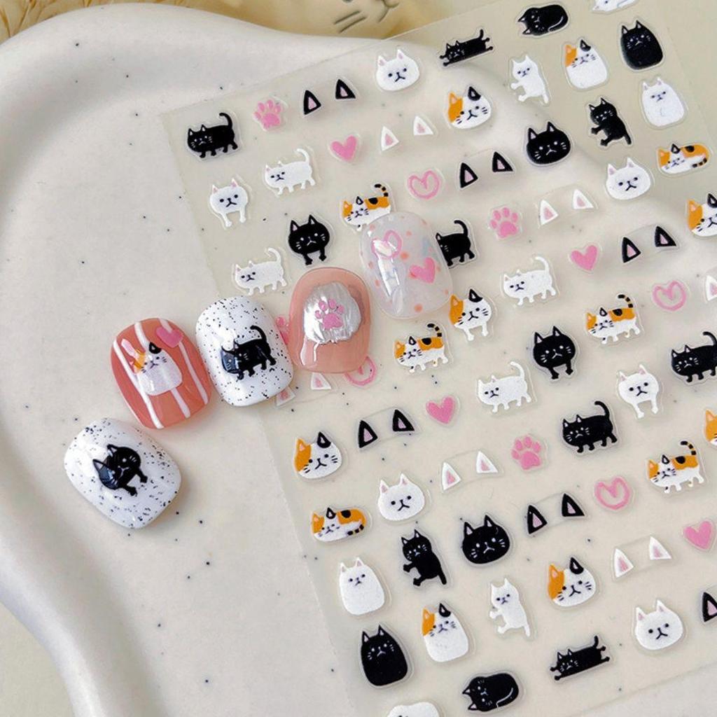 Adorable Cat-Themed Nail Art Stickers: Black, White & Pink Hearts, Paws, Ears - Thin & Durable