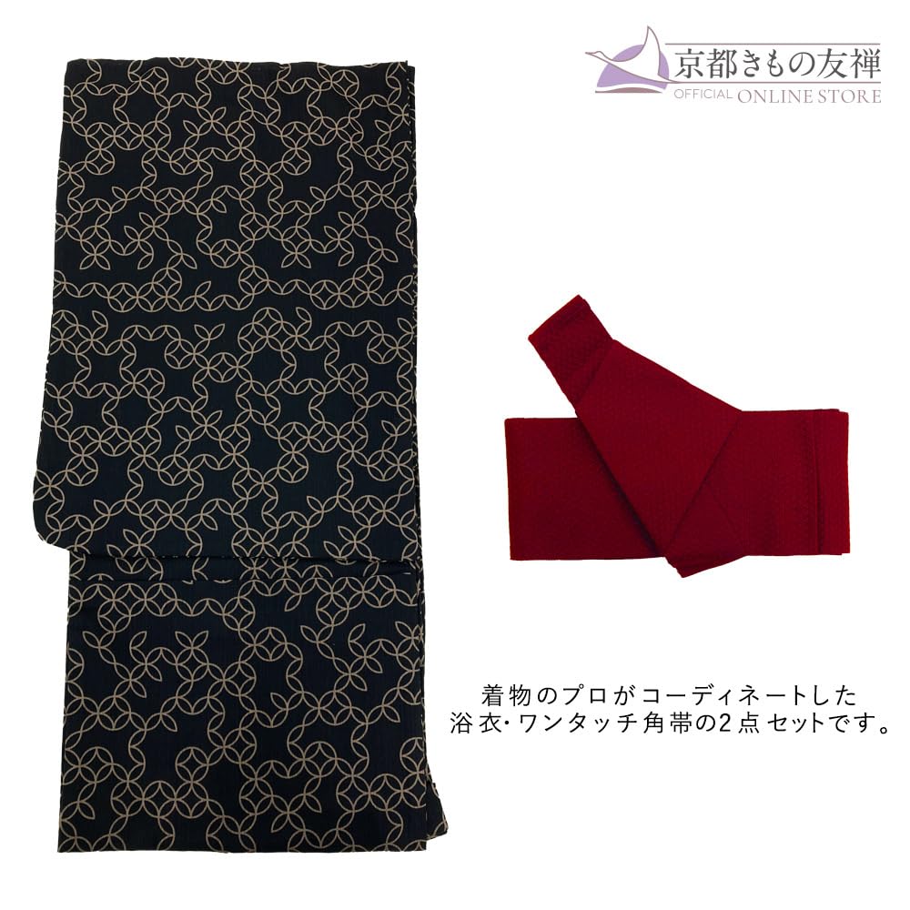 Kimono Yukata Set of 2 Pieces Cotton Square Obi Kimono Takigagare Navy Black [Kyoto Yuzen] Men's One-touch Men's Cloisonné (Black, LL)