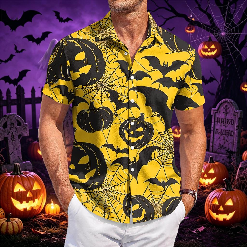 Men's Casual Short Sleeve Shirt Button Down Lightweight Breathable Fabric Halloween Bat Print Shirt for Summer Beach Party