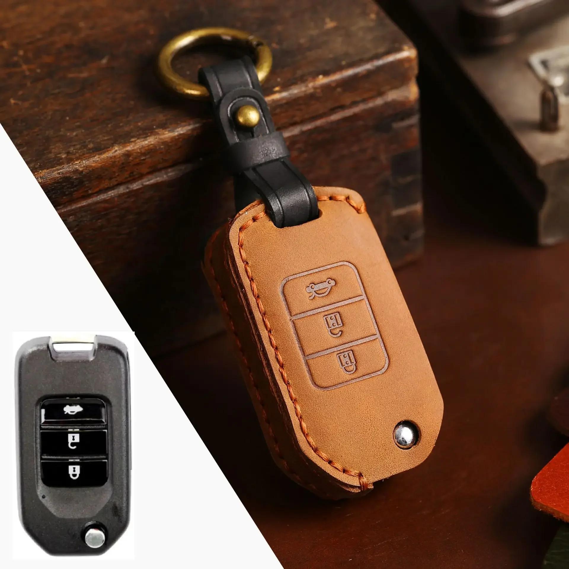 

Leather Car Key Cove for Honda Accord 9 Crider Civic Jade SPIRIOR CR-V Fit Flip 3button flip folding Remote auto case holder set коричневий