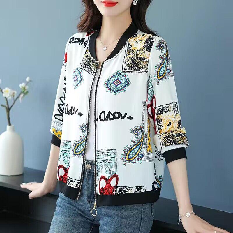 2026 Summer Plus Size Chiffon Sunscreen Coat for Middle-Aged Women - Lightweight Printed Jacket
