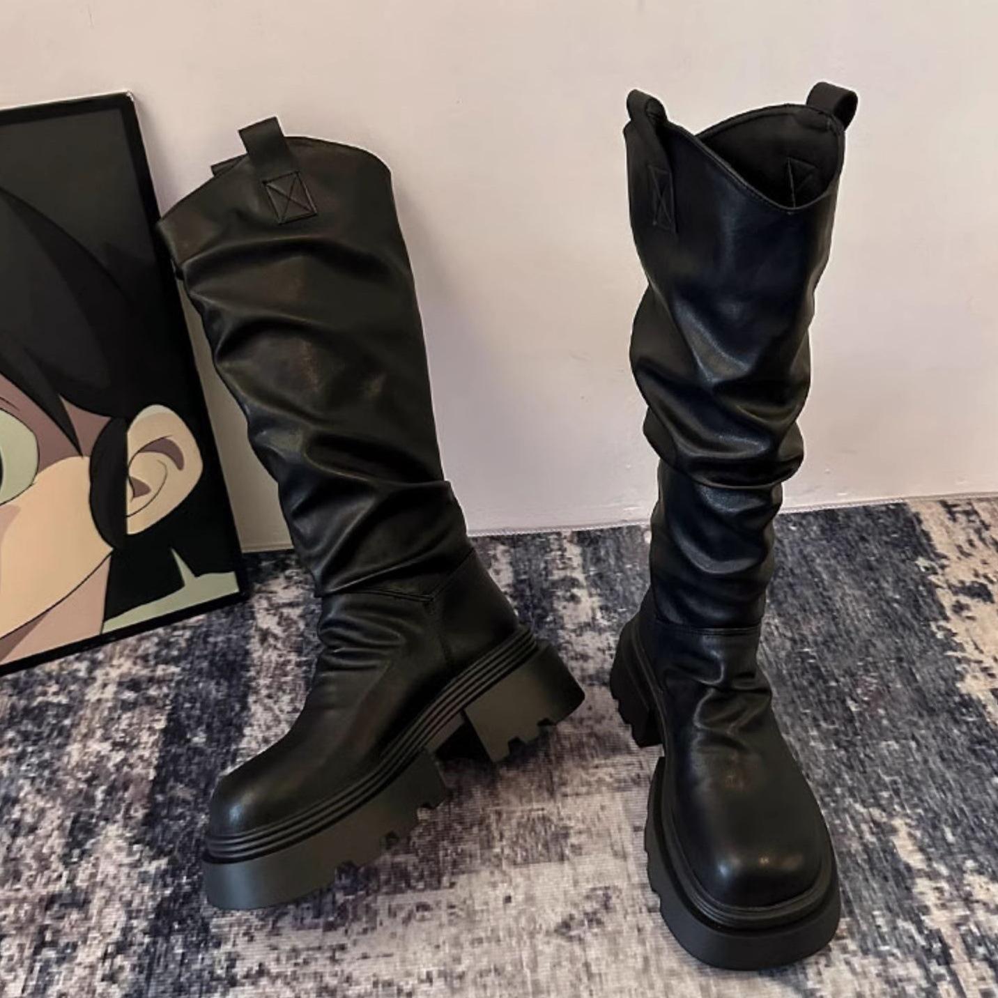 

[Fanfna] 2025 осень новые ботфорты на платформе женские сапоги-рыцари до колена тонкие плиссированные сапоги-чулки 39 чёрный