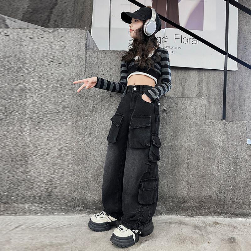Cargo Jeans for Girls Spring Loose Casual Elastic Waist Teenage Children Wide Leg Pants Design Streetwear Kids Trousers
