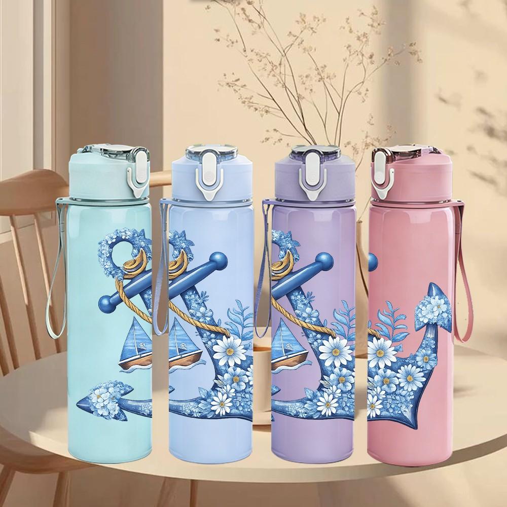 1PC Vintage Anchor Ocean Art Print 750ml Color Plastic Sports Water Bottle Leakproof Flip Straw Lid Suitable for Sports Office Home Use
