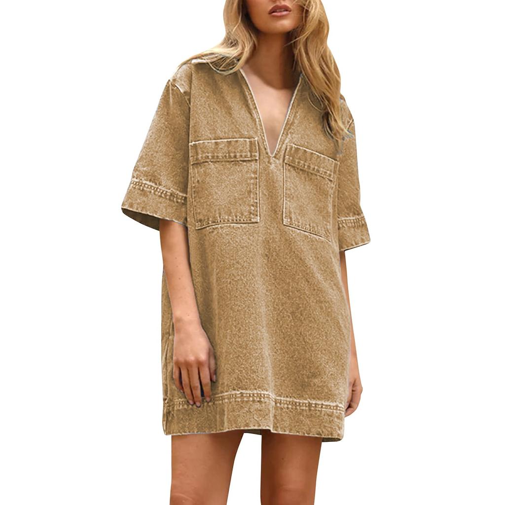 Womens  Denim Dress Summer Deep V Neck Half Sleeve Collared Loose  Jean Dress With Pockets