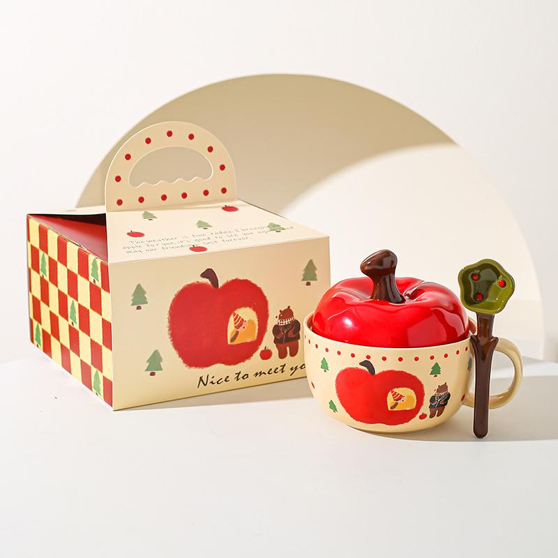 Creative Apple Ceramic Bowl High Value Spoon Instant Noodle Bowl Girls Girlfriend Souvenir Christmas Gift