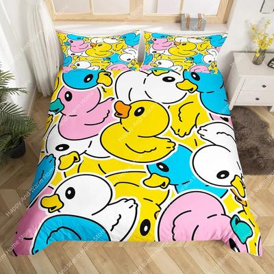 Sevimli Ördek Kral Kraliçe Yorgan Kılıfı Karikatür Beyaz Kaz Yatak Takımı Komik Çiftlik Hayvanı Yorgan Kılıfı Polyester Yorgan Kılıfı