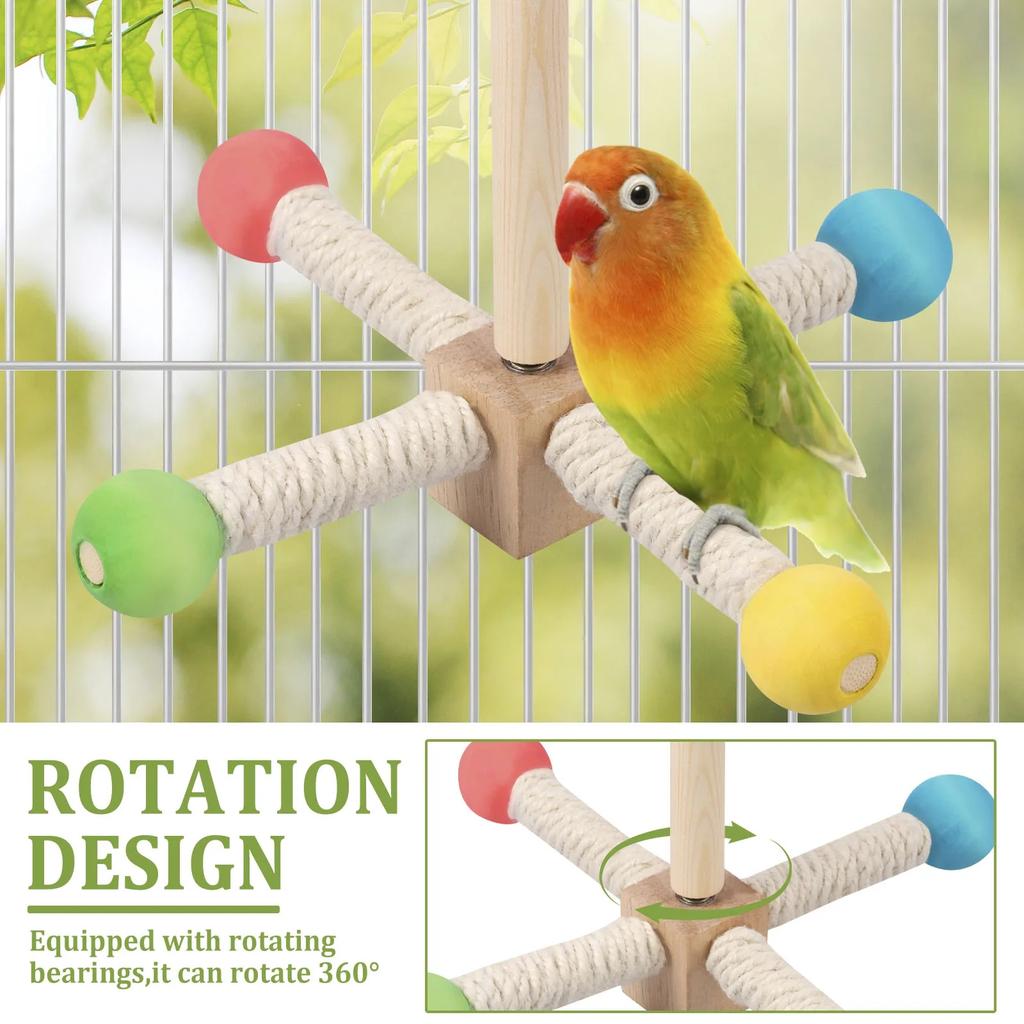 Rotating Bird Perches Toy, Wooden Parrot Swing Playing Gym Exercise Stand Cage Grinding Climbing Standing Perch for Cockatiels