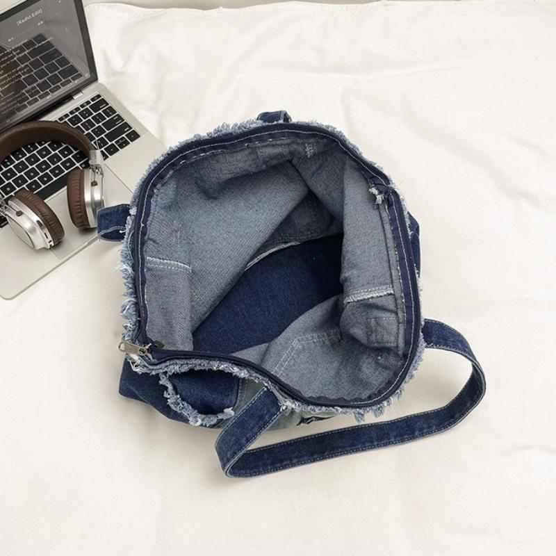 New Large Capacity Denim Tote Bag Korean Style Washed Denim Fringed Shoulder Bag for Women Daily Matching Commuting Bag