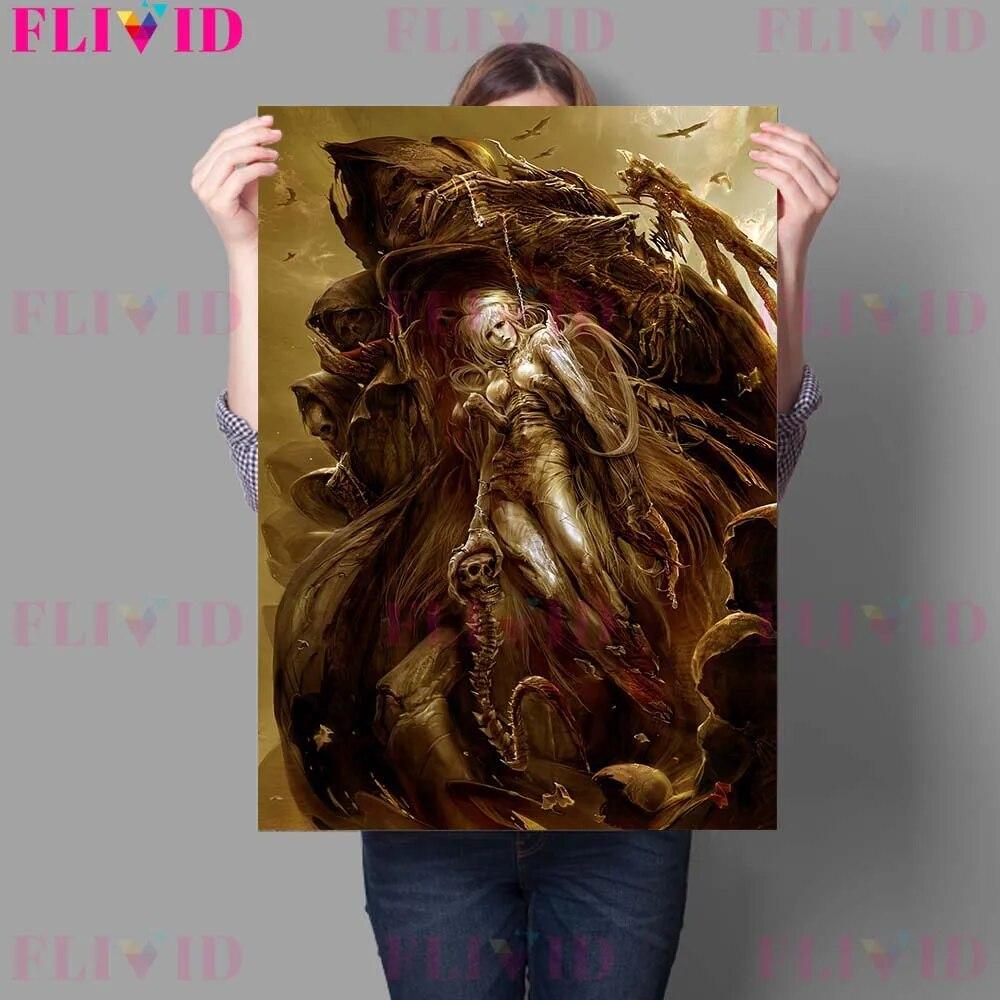 Gothic Dark Terror Girl and Terrifying Devil Retro Mural Oil Painting Decoration Crow House Wizard Poster