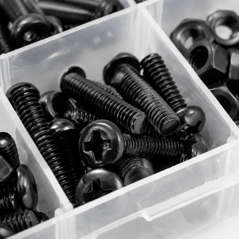 300-Piece Pan Head Machine Screw Assortment with Matching Threaded Hardware, Black Fasteners In a Divided Storage Case for Assembly and Repair Tasks